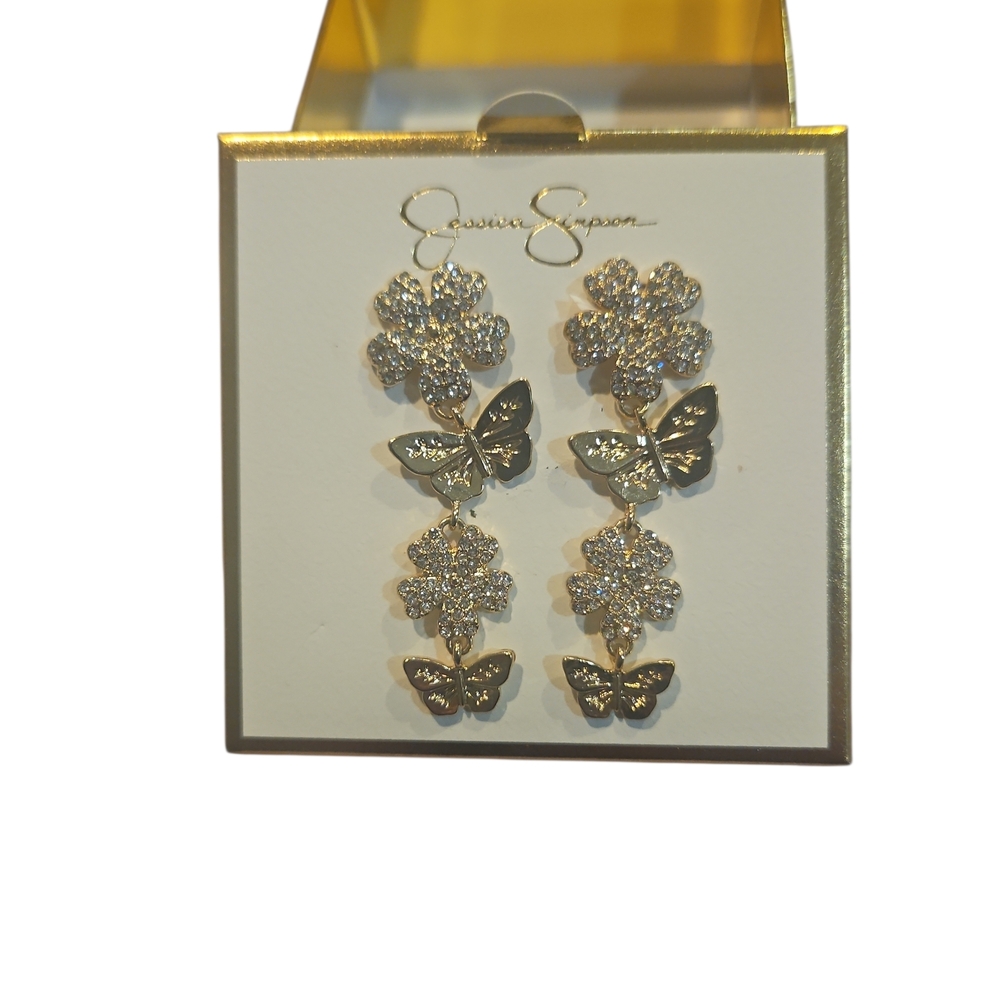 Jessica Simpson Woman Goldtone And Crystal Accent Flower Butterfly Earrings